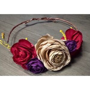 Floral Headband Crown Red Beige Purple Flower Girl Wedding Headpiece Photo Shoot